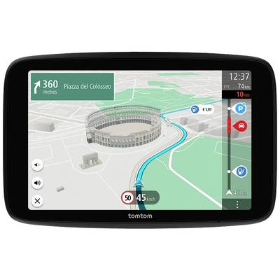 Navigatiesysteem toont route naar het Colosseum over 360 m. Snelheidslimiet: 50 km/u. Huidige snelheid: 45 km/u.