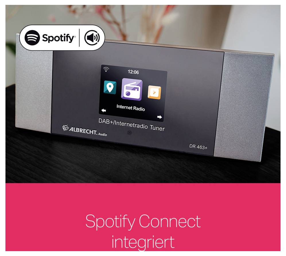 Een DAB+ internetradio-tuner met een scherm waarop een Spotify-app wordt weergegeven, daaronder de tekst 'Spotify Connect geïntegreerd'.