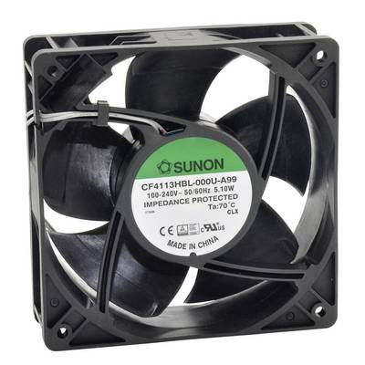 Zwarte computerventilator met sticker waarop 'SUNON CF4113HBL-000U-A99, 100-240V, 5.10W, 50/60Hz' staat.