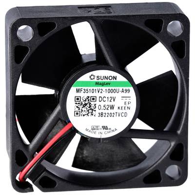 Een kleine zwarte ventilator met het opschrift 'SUNON MagLev', modelnummer MF35101V2-1000U-A99. Geschikt voor 12V DC.