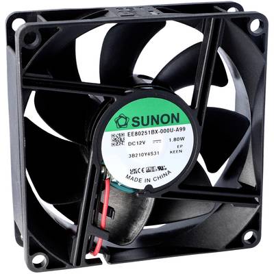 Een zwarte computer-ventilator met vijf vleugels en een sticker van het merk 'Sunon'. Hij is ontworpen voor 12V en 1,80W.