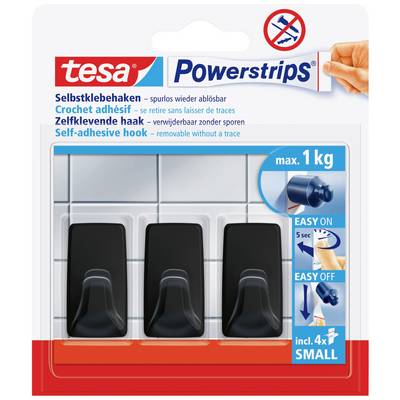 Drie zwarte, zelfklevende haken voor maximaal 1 kg, in een verpakking met blauwe en rode opdruk, inclusief vier powerstrips.