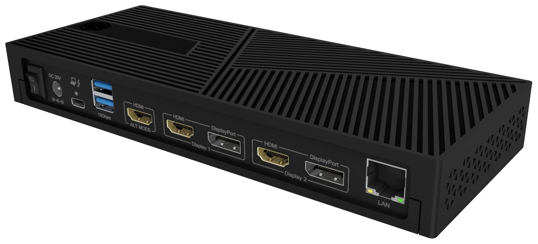 Zwarte dockingstation met meerdere aansluitingen, waaronder USB, HDMI, DisplayPort en LAN-poort.