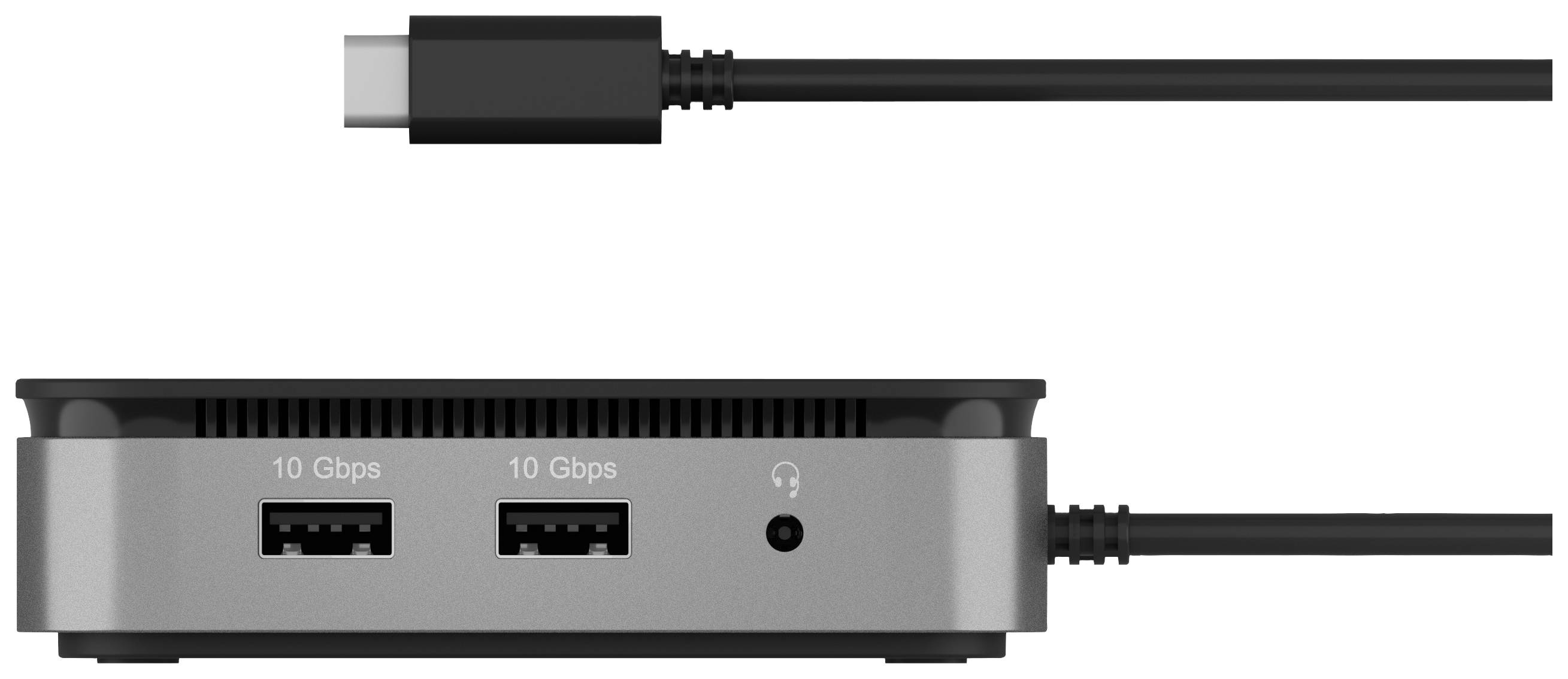 Een klein, grijs elektronisch apparaat met twee USB-poorten, een koptelefoonaansluiting en een USB-kabel.