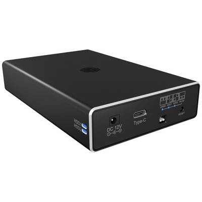 Extern harddiskbehuizing met aansluitingen voor DC 12V, USB-C, Reset en LED-indicatoren voor schijfactiviteit.