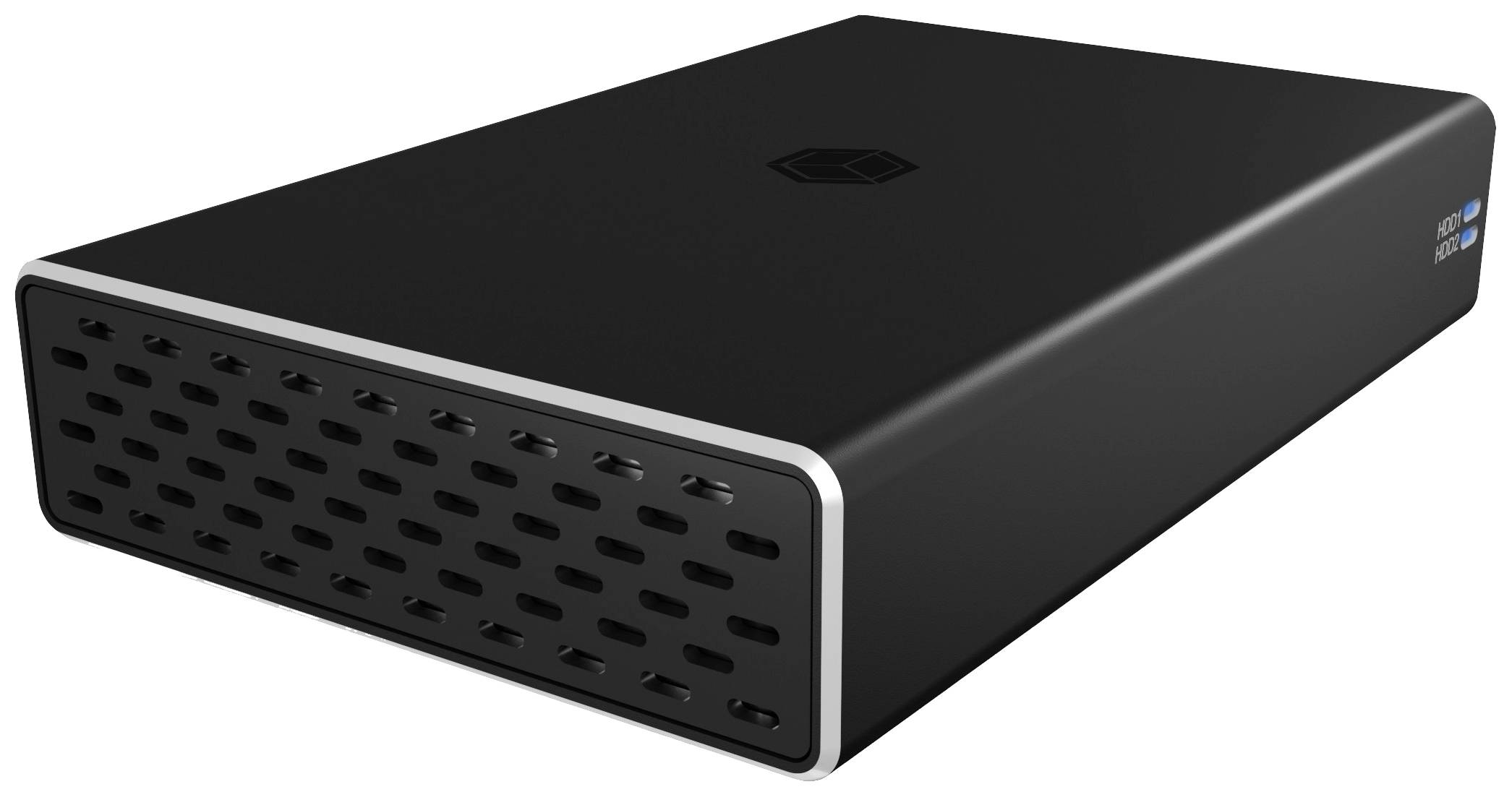 Zwarte externe harde schijf met ventilatiesleuven aan de voorkant, zilveren rand en blauwe USB 3.0-aansluiting aan de zijkant.