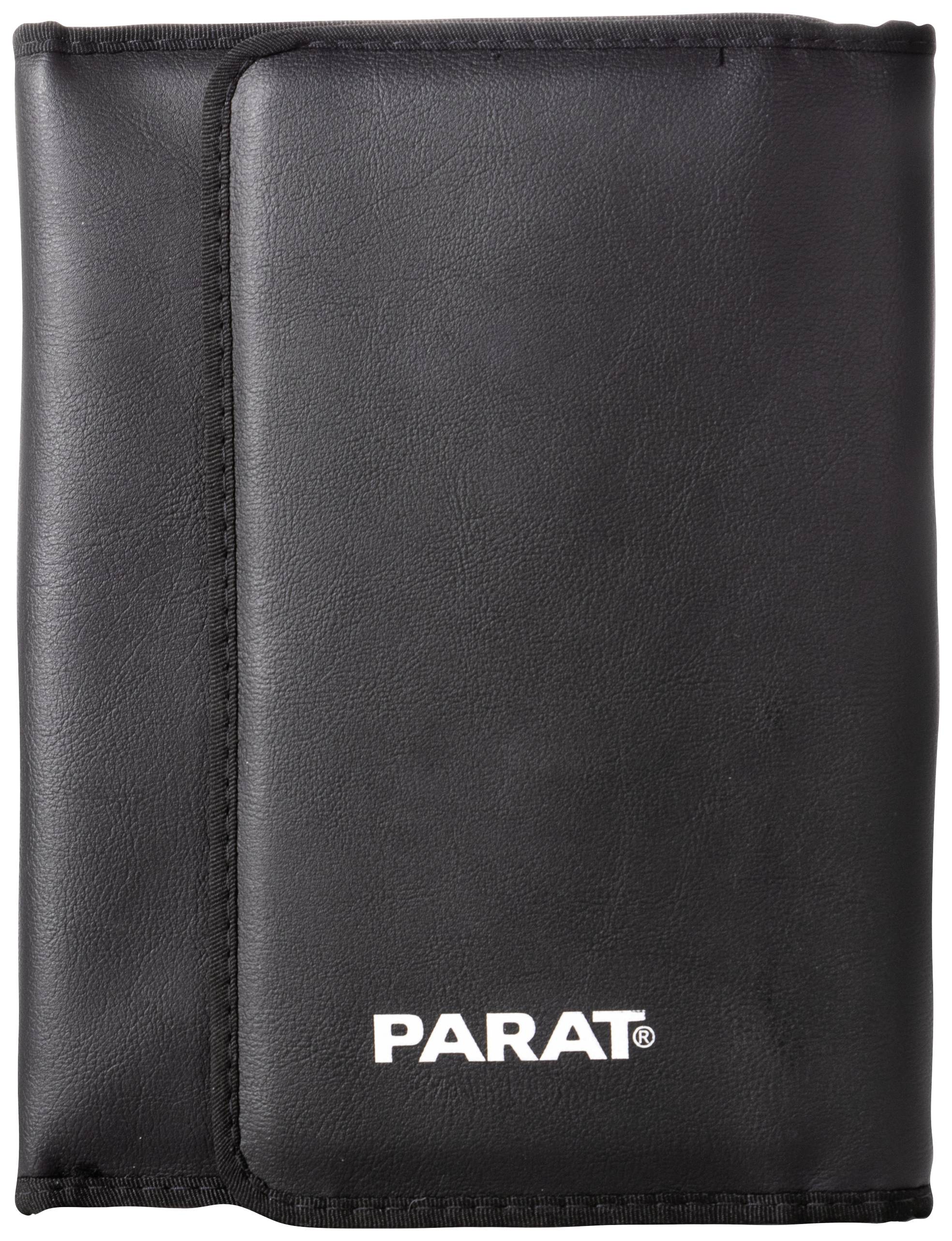 Zwarte leren handtas met gestikt randje, waarop het witte logo 'PARAT'.