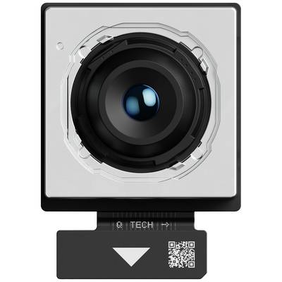 Smartphone-camera-module met groot objectief en QR-code. Het toont de vooraanzicht van de camera zonder omringende uitrusting.
