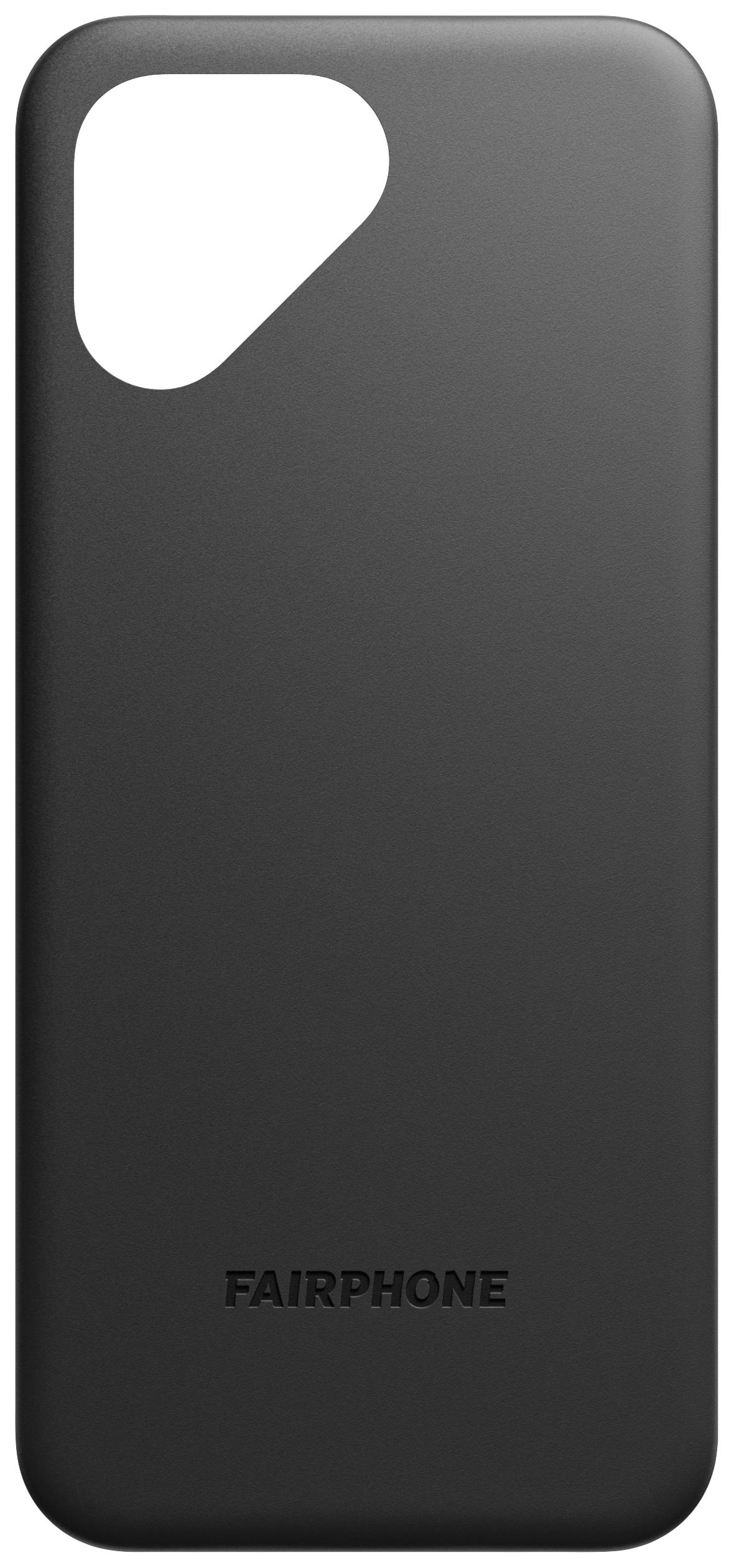 Achterkant van de smartphone in het zwart met het logo 'FAIRPHONE' onderaan. Strak design met uitsparing voor het cameramodule linksboven.