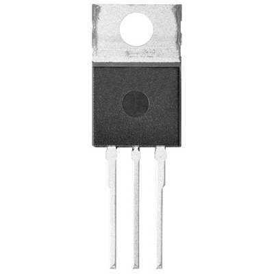 Een zwarte transistor met drie metalen poten en een rond gat bovenaan. Typisch onderdeel voor elektronische schakelingen.