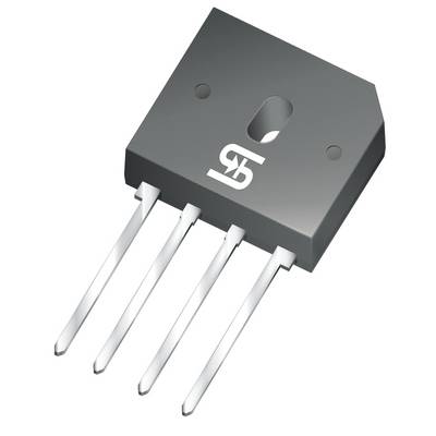 Grijze bruggelijkrichter met vier aansluitingen en een gedrukt symbool, een typisch elektronisch onderdeel voor gelijkrichting.