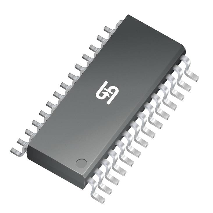 Microchip met meerdere pinnen aan beide zijden, zwarte behuizing met wit symbool op het oppervlak.