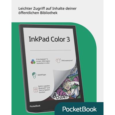 Een e-reader met een kleurenscherm toont teksten en illustraties. Bovenaan staat: 'Gemakkelijke toegang tot de collectie van je openbare bibliotheek'.
