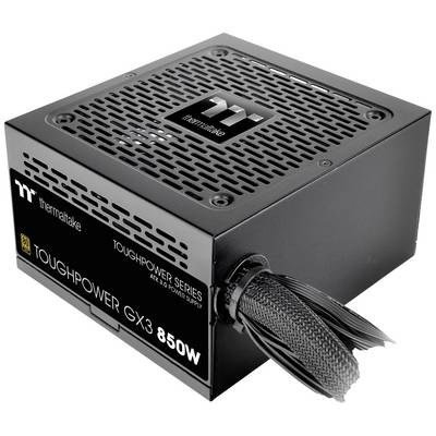 Zwart voedingstoestel van Thermaltake, model Toughpower GX3 850W, ligt op zijn zij met zichtbaar ventilatierooster en kabelset.