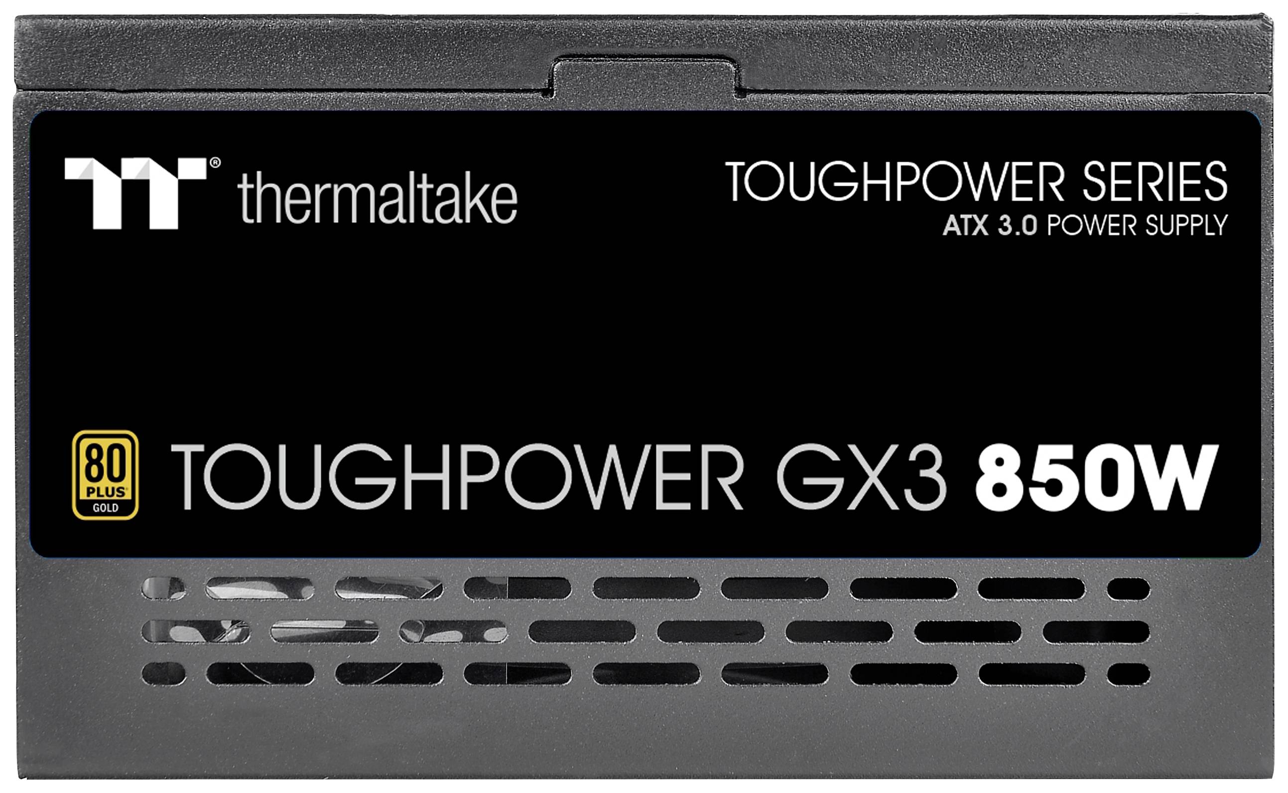 Voeding 'Thermaltake Toughpower GX3 850W', zwart, 80 Plus Gold, ATX 3.0, geschikt voor krachtige pc-systemen, hoge efficiëntie.
