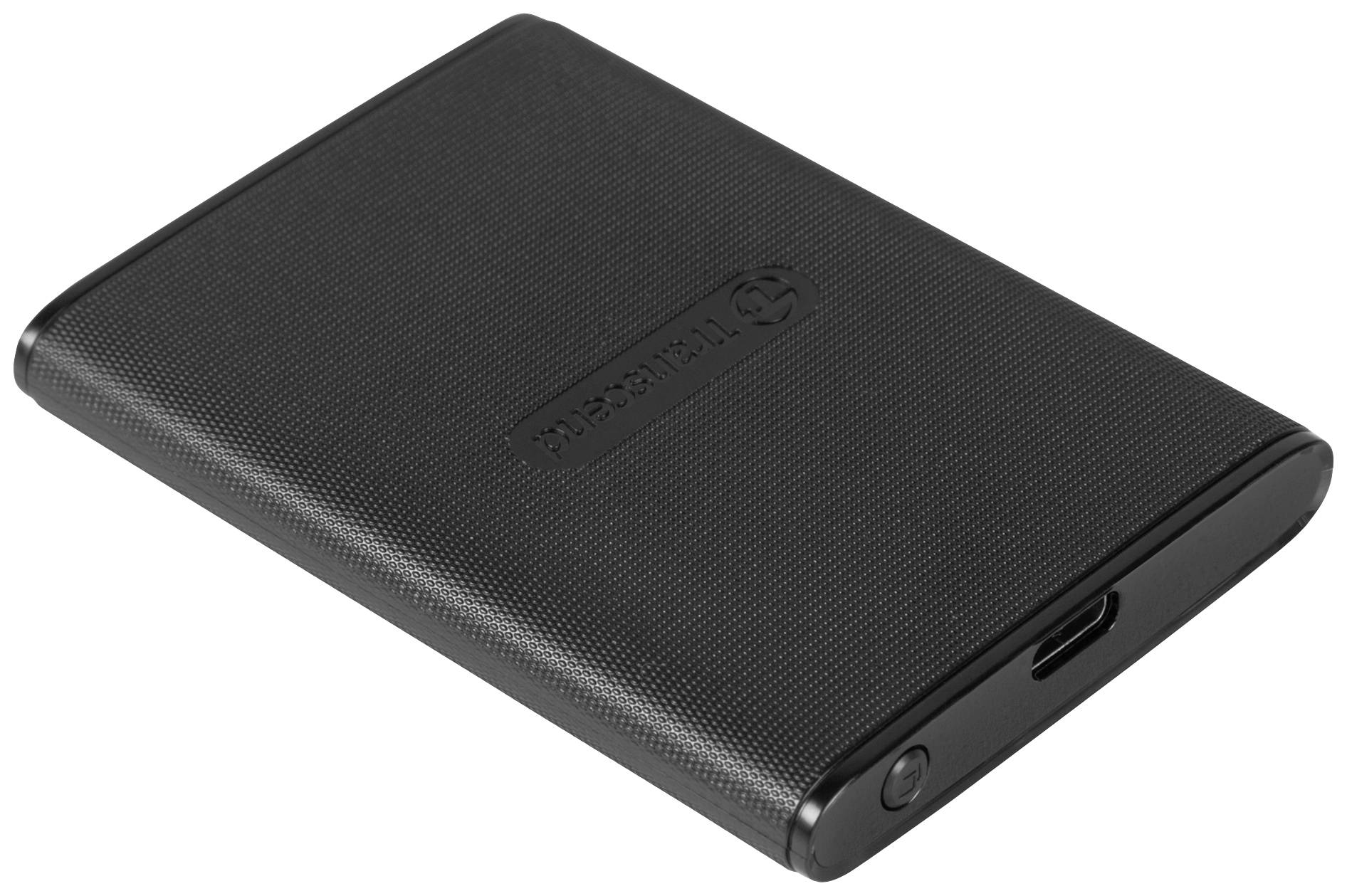 Externe zwarte harde schijf, rechthoekig en compact, met USB-aansluiting zichtbaar aan de zijkant.
