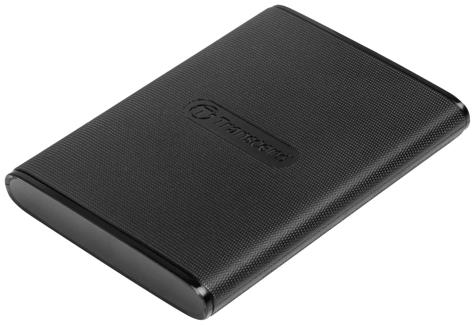 Zwarte externe harde schijf met Transcend-logo, rechthoekig en compact ontwerp.