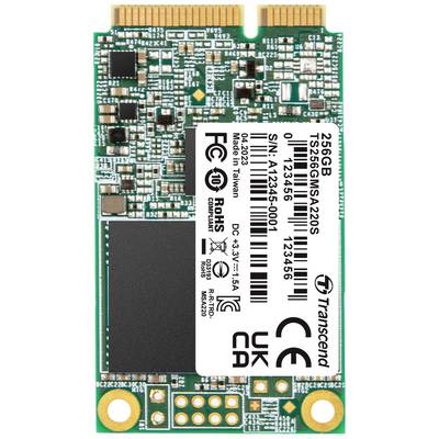 'Close-up van een M.2 Transcend 256GB SSD met technische opdrukken, inclusief serienummer A123456-0001 en verschillende certificeringslabels.'
