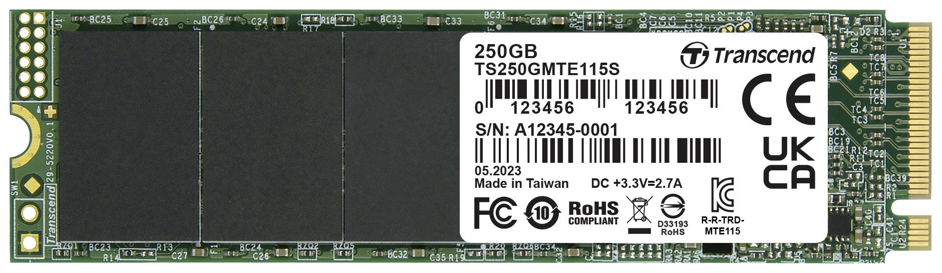 Een 250GB Transcend SSD, model TS250GMTE115S, geproduceerd in Taiwan. CE, FCC, RoHS en UKCA markeringen zijn zichtbaar.