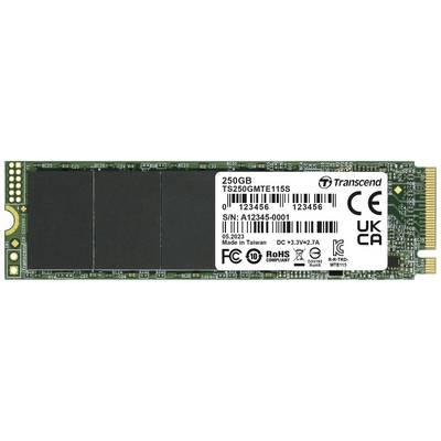 Een 250GB Transcend SSD, model TS250GMTE115S, geproduceerd in Taiwan. CE, FCC, RoHS en UKCA markeringen zijn zichtbaar.