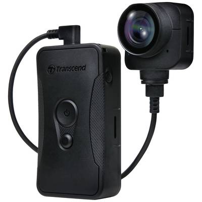 Draagbare camera van Transcend met verwisselbare lens en verbonden kabel. Geschikt voor mobiele video-opnamen.