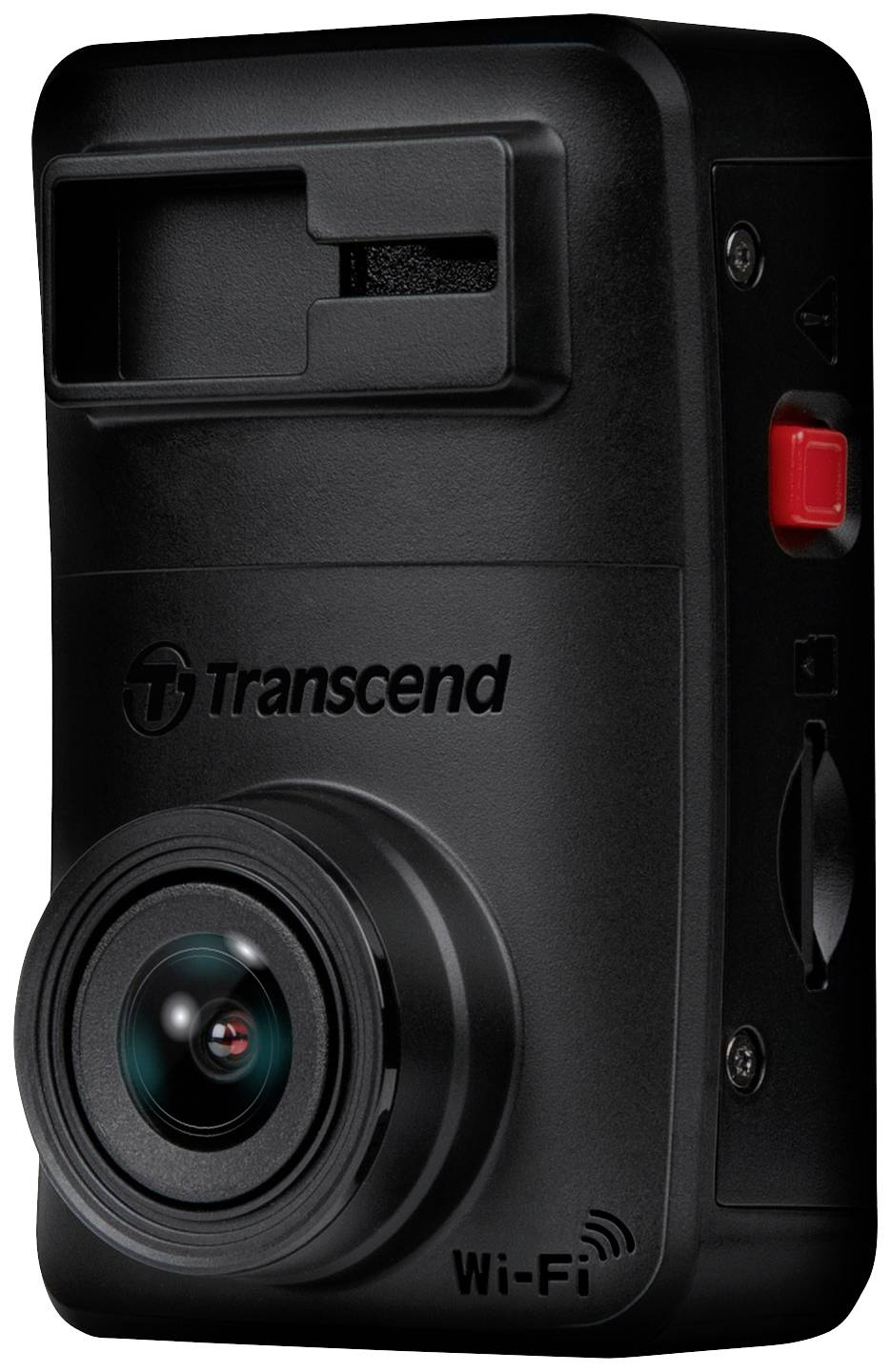 Zwarte compactcamera van het merk Transcend met lens, rode knop aan de zijkant en Wi-Fi-functie.