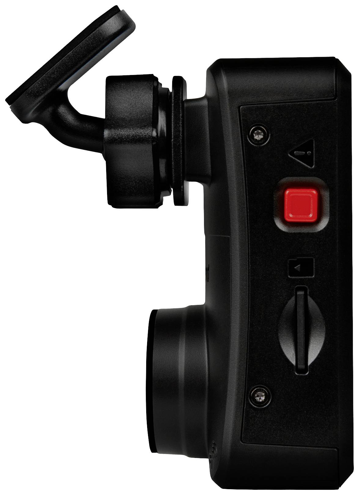 'Zijaanzicht van een zwarte camera met een rode knop en displayhouder, toont bedieningselementen aan de zijkant en cameralens aan de voorkant.'