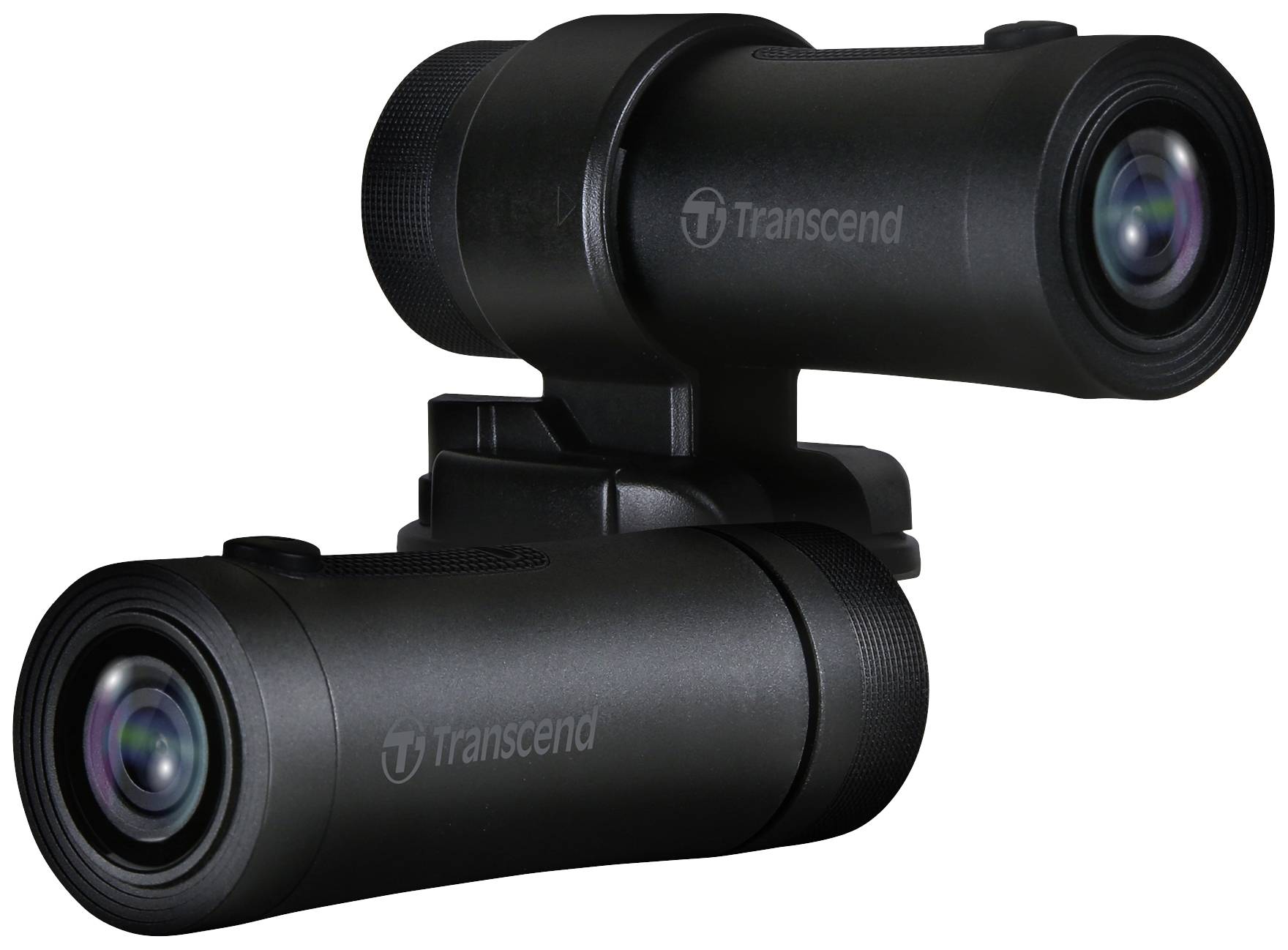 Twee zwarte Transcend dashcams, naast elkaar gemonteerd, met lenzen die in verschillende richtingen wijzen. Ideaal voor autoveiligheid.