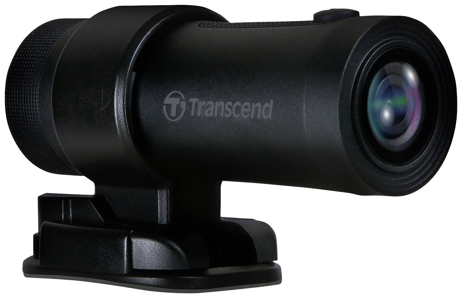 Een kleine, zwarte camera met het opschrift 'Transcend', gemonteerd op een beugel. Hij heeft een compact, cilindrisch ontwerp.