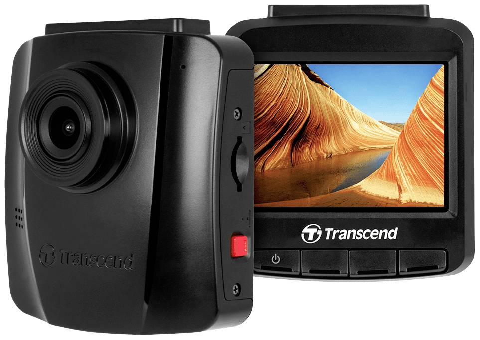 Een zwarte camera en een scherm met een kleurrijk landschapsbeeld. Het Transcend-logo is zichtbaar op beide apparaten.