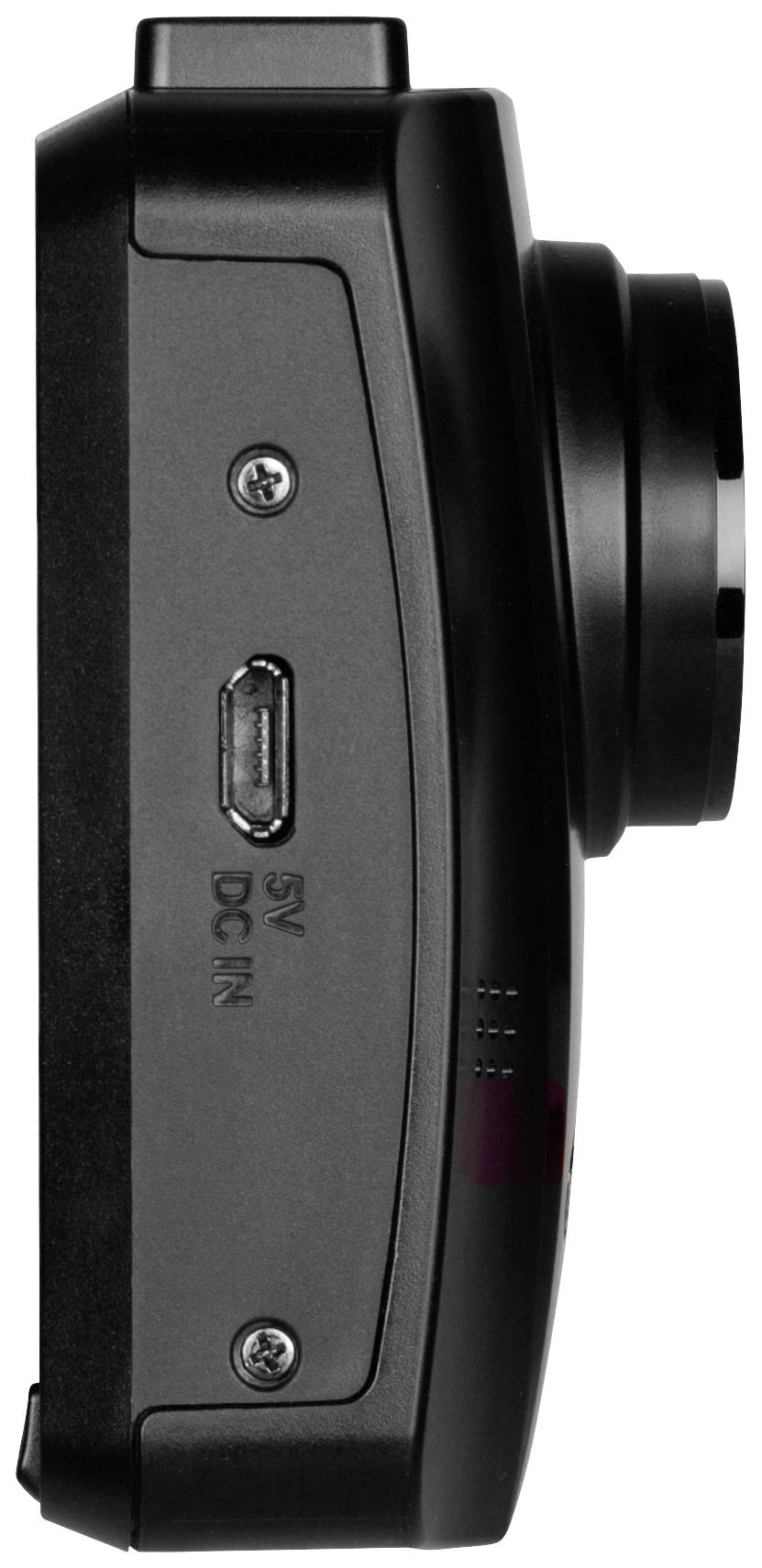 Dashcam, zijaanzicht met USB-aansluiting en lens. Compact, zwart ontwerp, primair bedoeld voor opnames tijdens het rijden.