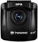 Een zwarte dashcam met 'GPS' aan de bovenkant en 'Transcend' en 'Wi-Fi' logo's onderaan, gecentreerde cameraoptiek zichtbaar.