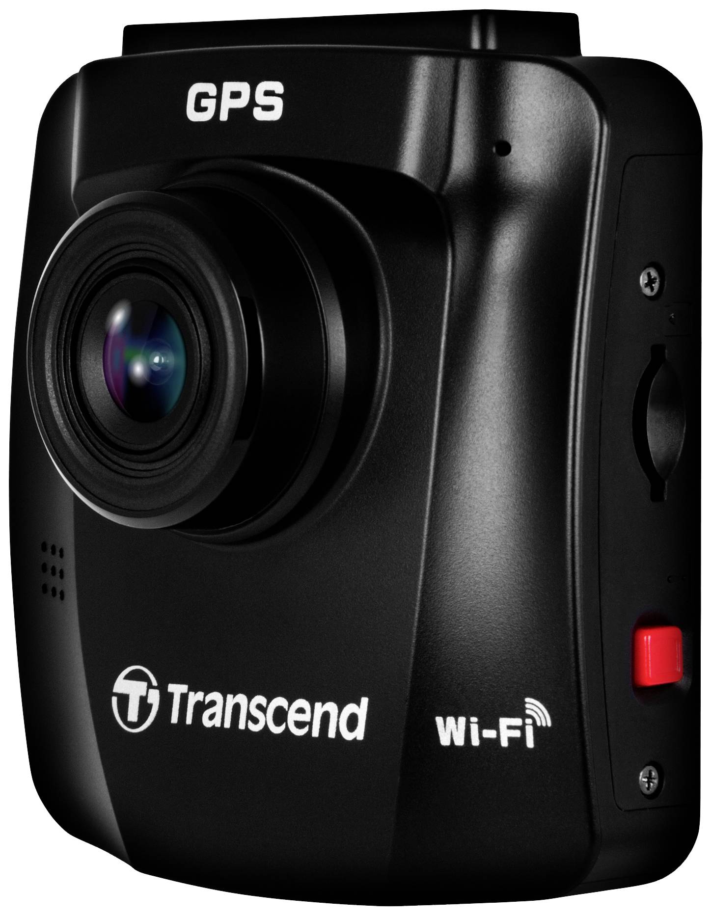 Zwarte Transcend dashcam met GPS en Wi-Fi-functionaliteit, zijaanzicht met zichtbare lens en rode knop.