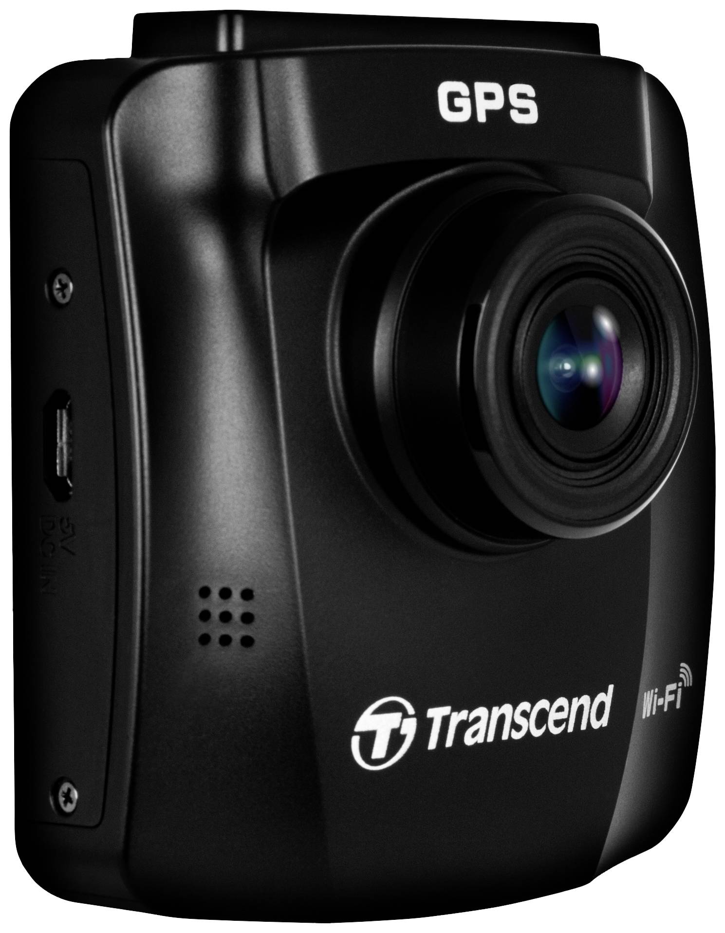 Een zwarte Transcend dashcam met GPS- en Wi-Fi-functie, zijaanzicht. Belangrijkste kenmerken: groot objectief, compact.