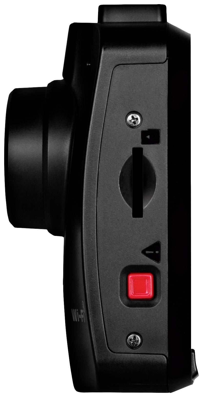 Zwarte camera van opzij met WLAN-tekst, sleuf en rode knop zichtbaar.