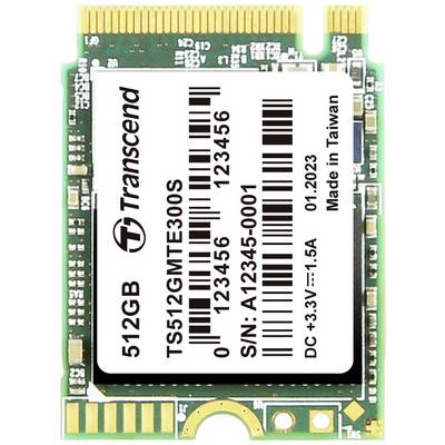 Een Transcend SSD, model TS512GMTE300S, 512GB, met fabricagelocatie Taiwan, serienummer A12345-0001, en streepjescode.