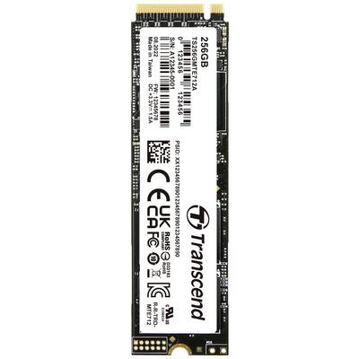 Een 256GB Transcend M.2 SSD, model TS256GMTE712A. Toont markeringen en technische symbolen voor specificaties en gebruik.