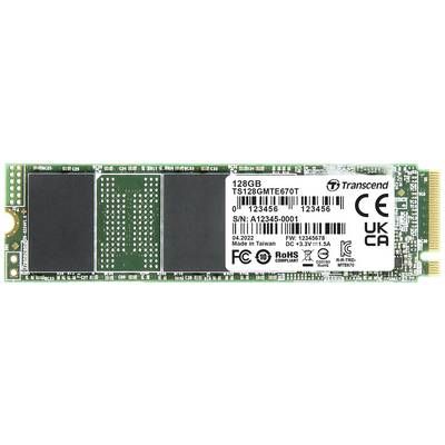 'Transcend M.2 SSD, 128GB capaciteit, modelnummer TS128GMTE670T, vervaardigd in Taiwan, datum 04.2022, diverse technische certificeringen.'