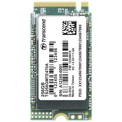 SSD-schijf van Transcend met 256GB, modelnummer TS256GMTE470A. Bevat serienummer en productielocatie Taiwan.