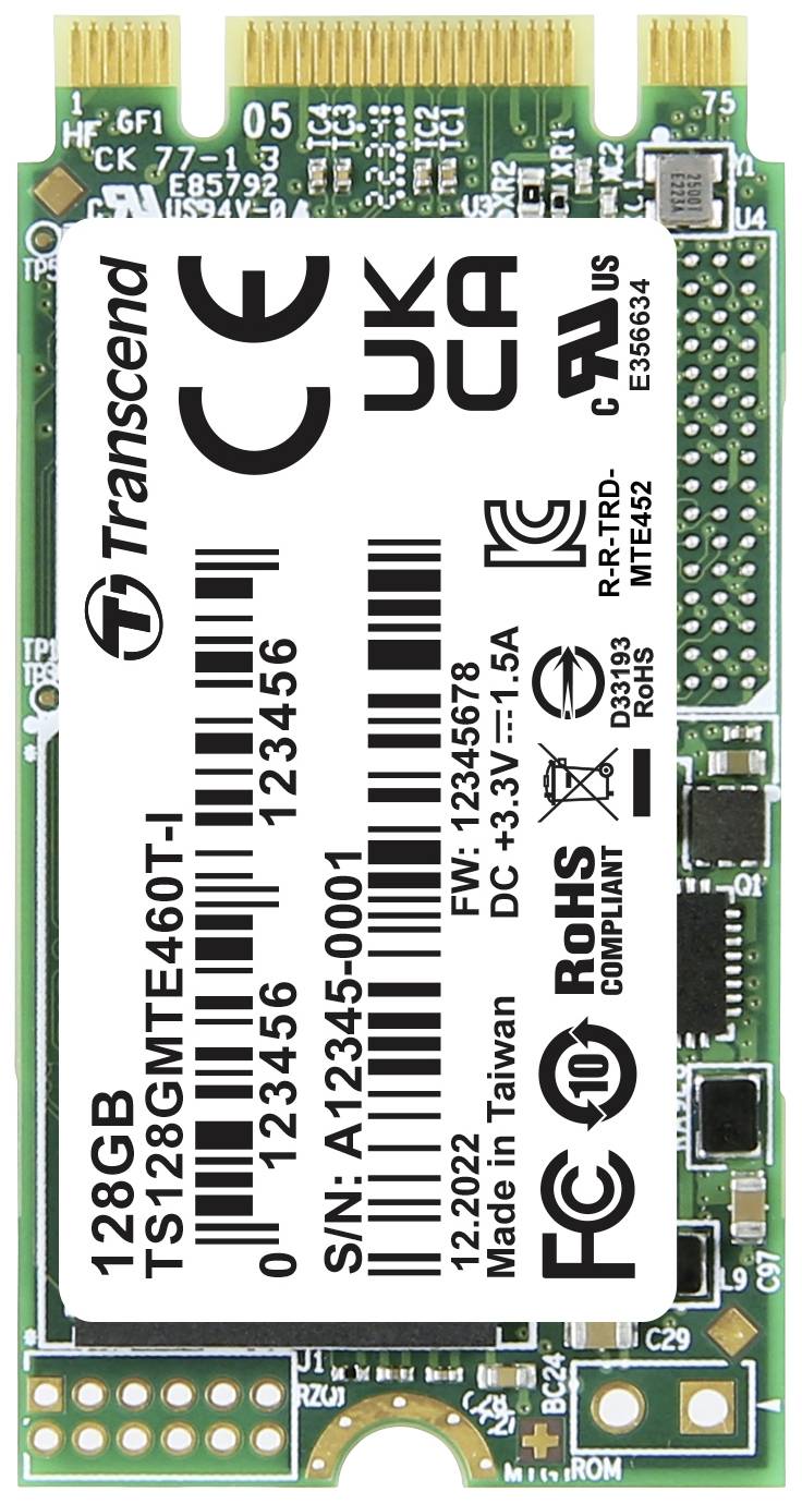 Een Transcend 128 GB SSD in M.2-formaat, met specificatie- en certificeringslabel, wordt van bovenaf getoond.