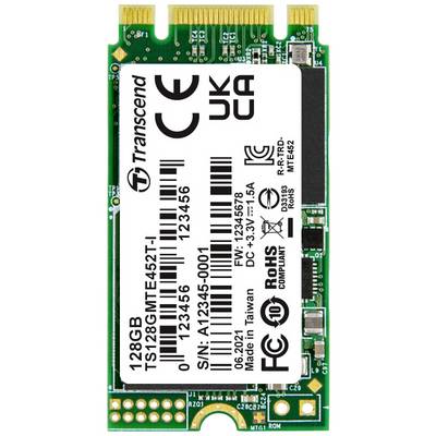 Een M.2 SSD-module met het opschrift 'Transcend 128GB'. Het toont technische specificaties en certificeringslogo's op de voorkant.