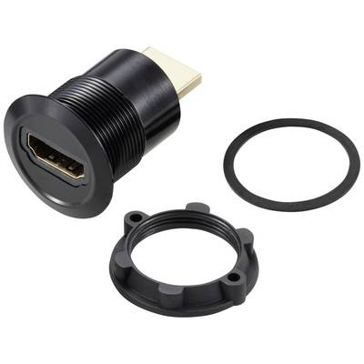 Een HDMI-aansluiting met bus en rubberen afdichting, geschikt voor wand- of apparaatinstallatie. Perfect voor robuuste verbindingen.