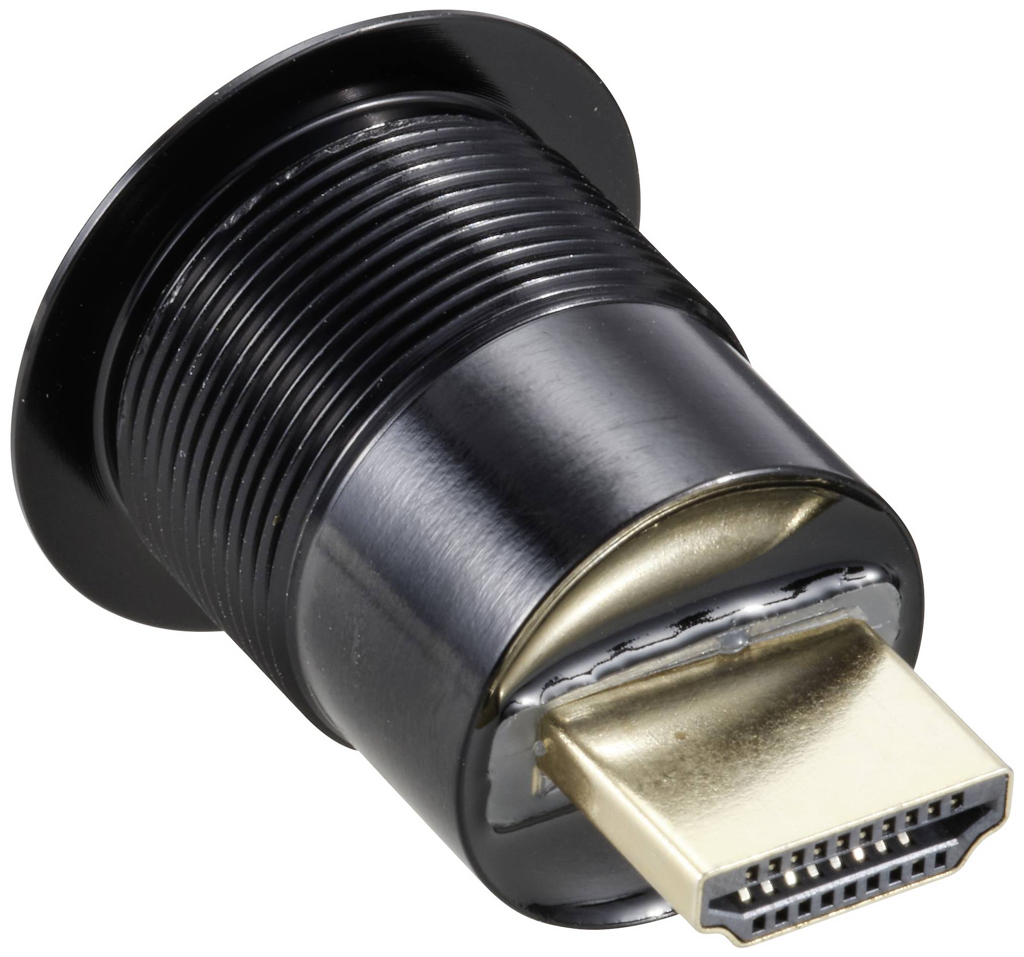 Zwarte HDMI-stekker, licht schuin gepositioneerd, toont de gouden aansluitkant. Geschikt voor het verbinden van multimediaapparatuur.