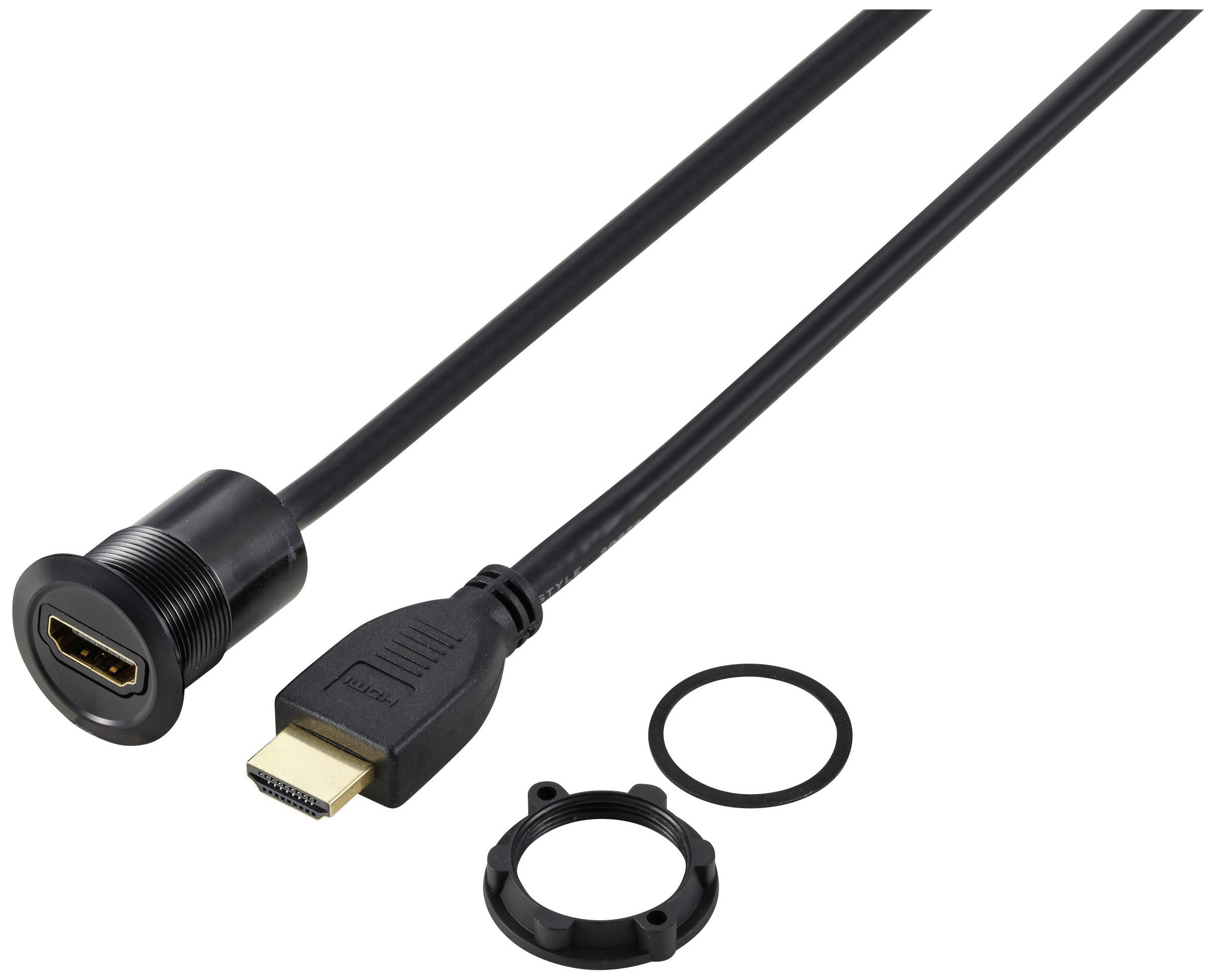 HDMI-kabel met mannelijke en vrouwelijke stekker, bevestigingsring en afdichting voor industriële toepassingen.