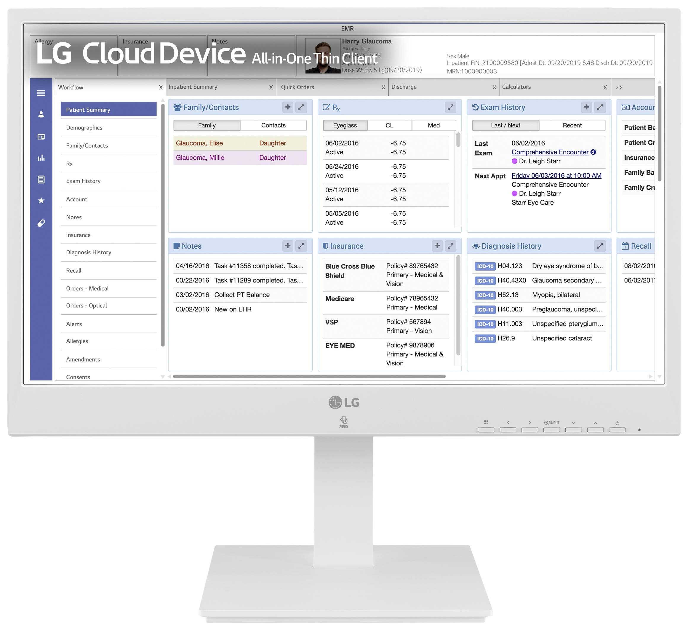 Een monitor toont een medische softwaretoepassing met meerdere informatievelden zoals patiëntenstatus, diagnoses en onderzoekshistorie.
