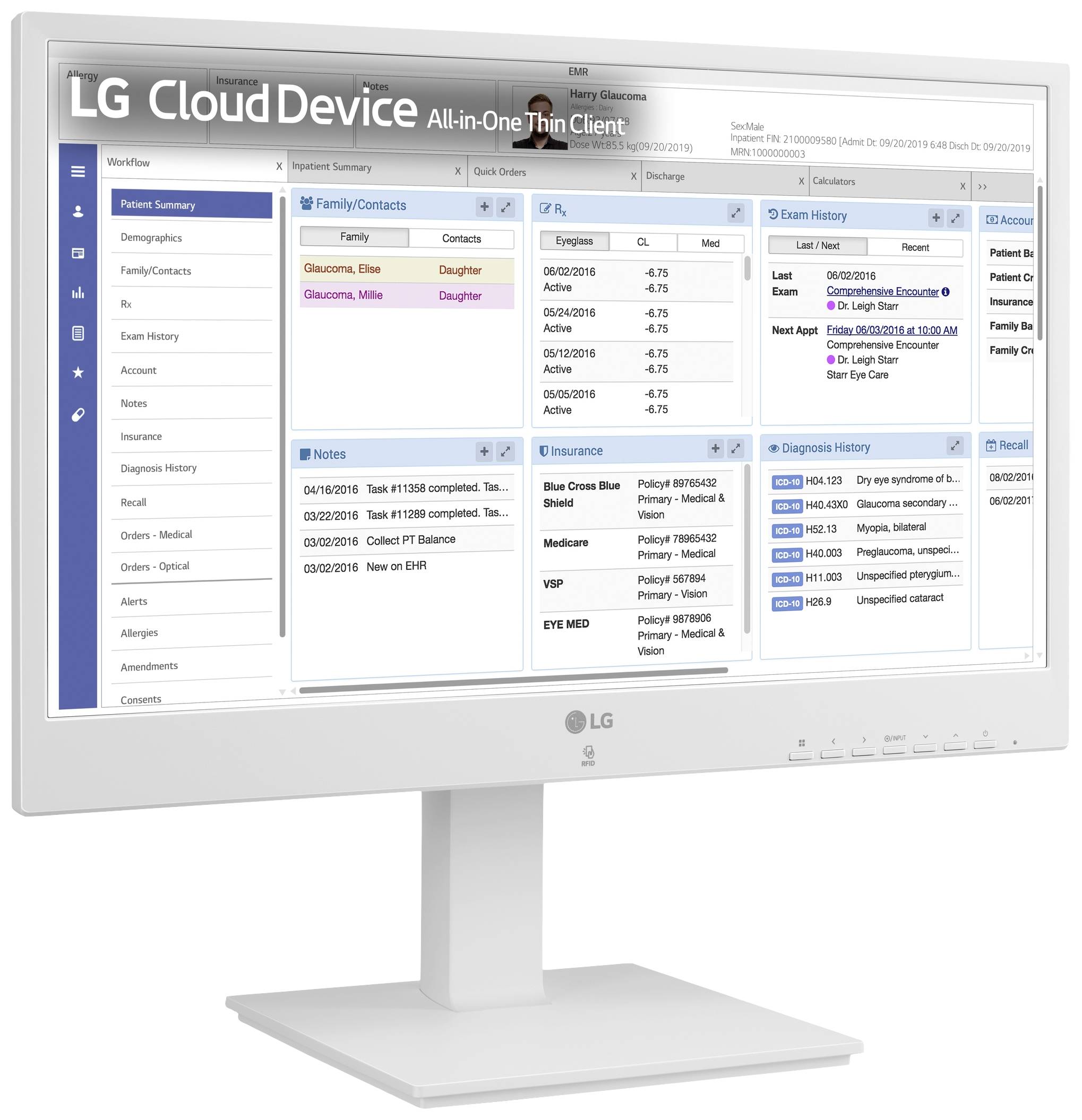 Een monitor toont een gebruikersinterface voor medische toepassingen met tabbladen voor patiëntsamenvatting, aantekeningen en diagnostische geschiedenis.