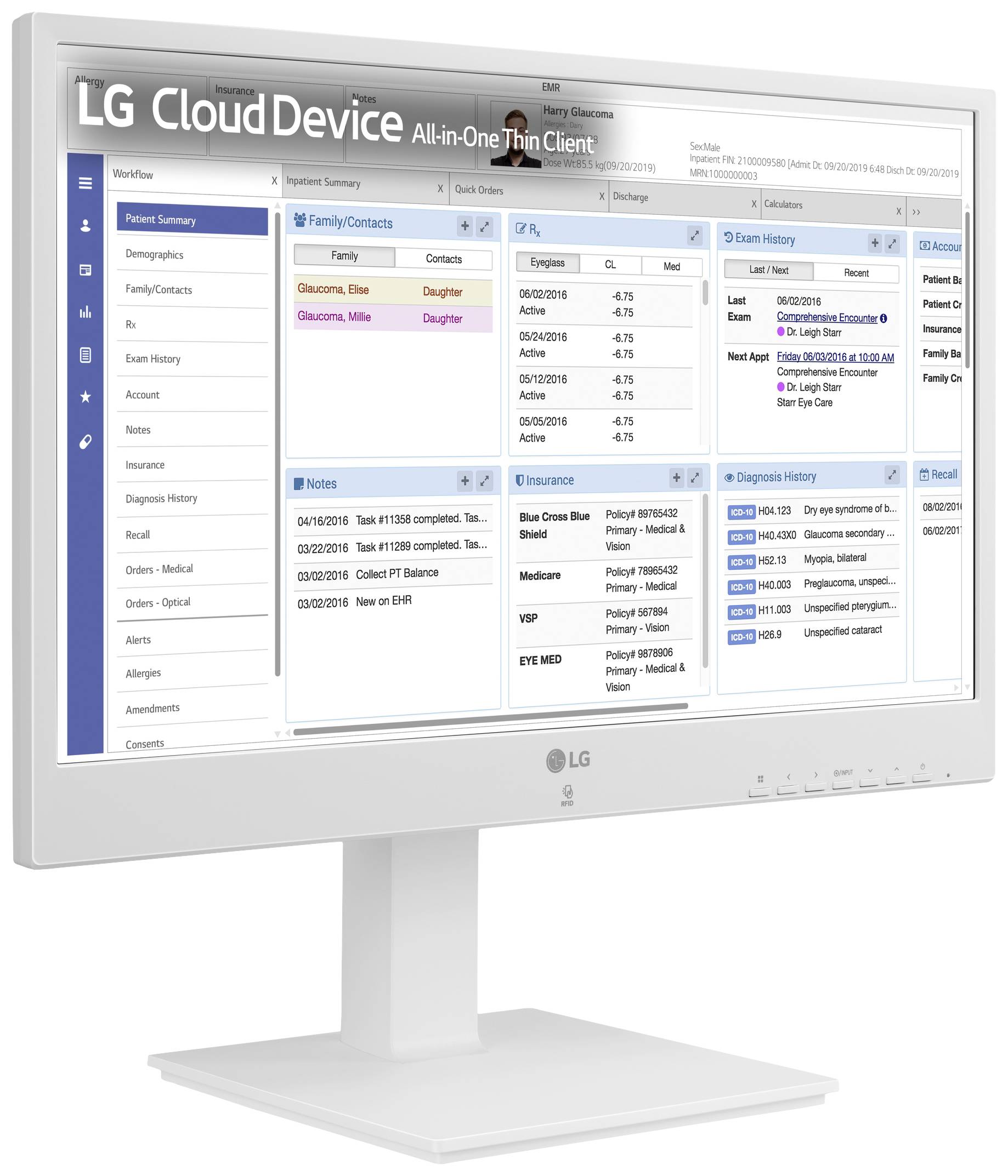 Een scherm toont een elektronisch patiëntendossier met verschillende tabellen en informatie over patiëntgegevens, contacten en behandelingsgeschiedenis.