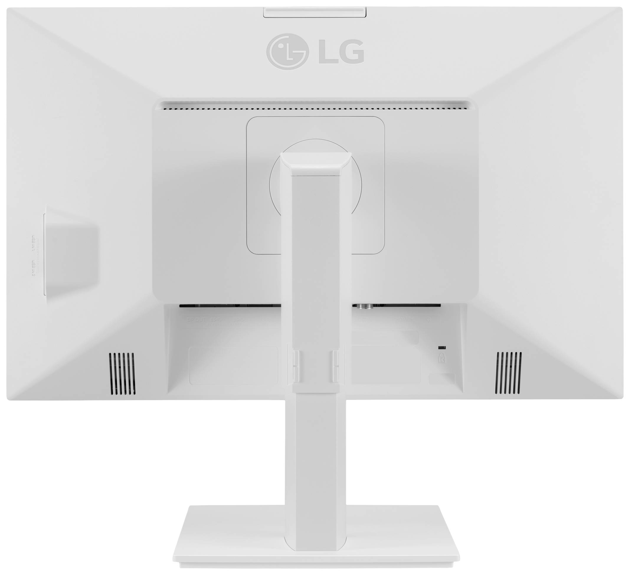 Een LG-monitor van achteren, toont de rechthoekige voet, kabelmanagement en ventilatieopeningen.