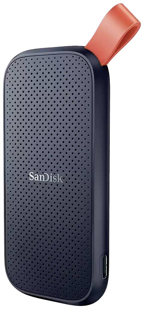 Externe harde schijf, Sandisk, donkerblauw met geperforeerd oppervlak en rode lus, USB-C-aansluiting aan de zijkant.