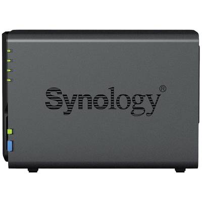 Netwerkarchiefapparaat met 'Synology'-logo aan de voorkant, enkele LED-indicatoren links.